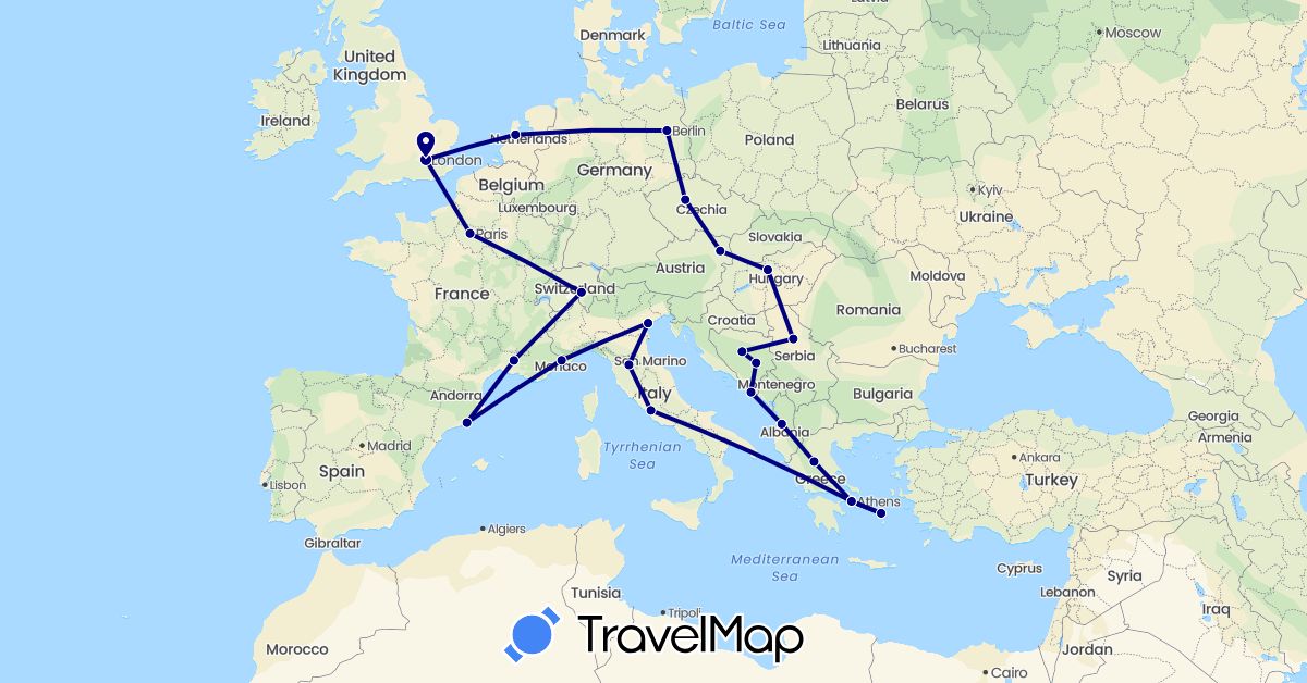 TravelMap itinerary: driving in Albania, Austria, Bosnia and Herzegovina, Switzerland, Czech Republic, Germany, Spain, France, United Kingdom, Greece, Croatia, Hungary, Italy, Netherlands, Serbia (Europe)